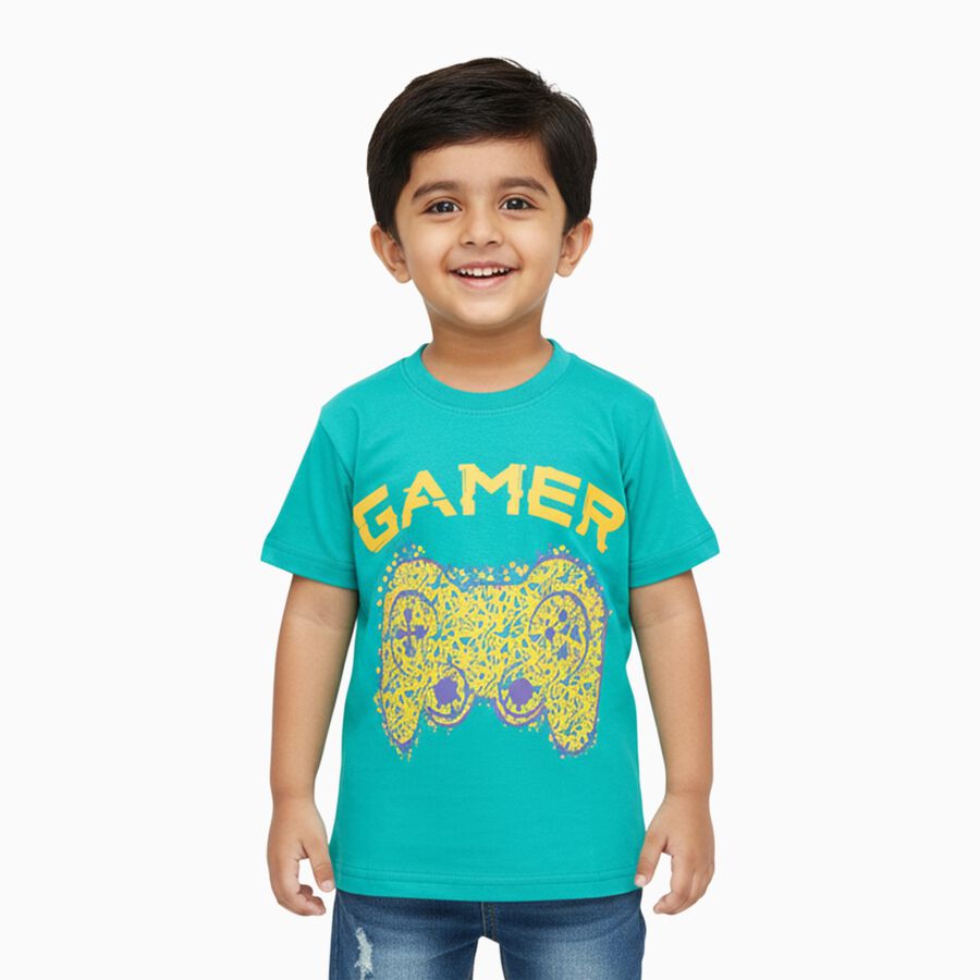 Boys Bright Turquoise Cotton Round Neck Casual T-Shirt, Dark Green, large