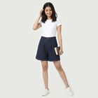 Women's Navy Blue Relaxed Fit Pleated Denim Shorts, गहरा नीला, small