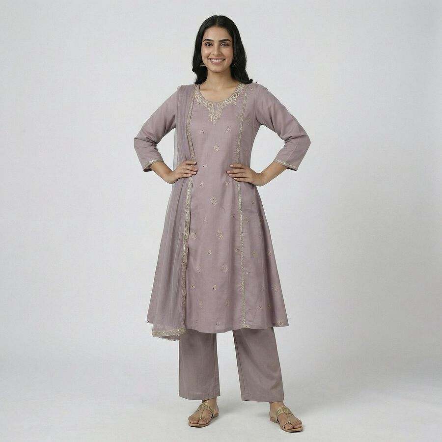 Women's Light Grey Round Neck Straight Kurta, Light Grey, large