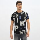 Men's Jet Black Cotton Round Neck Graphic T-Shirt, काला, small