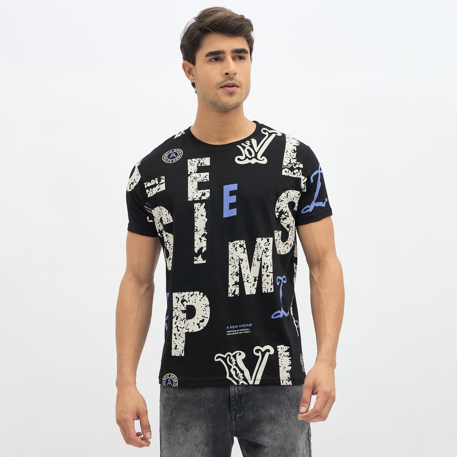 Men's Jet Black Cotton Round Neck Graphic T-Shirt, काला, large