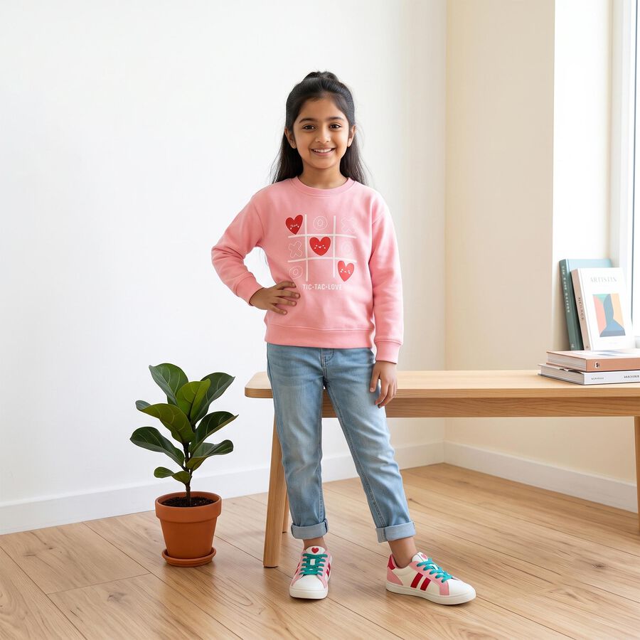 Girls Pink Crew Neck Graphic Print Sweatshirt, Pink, large