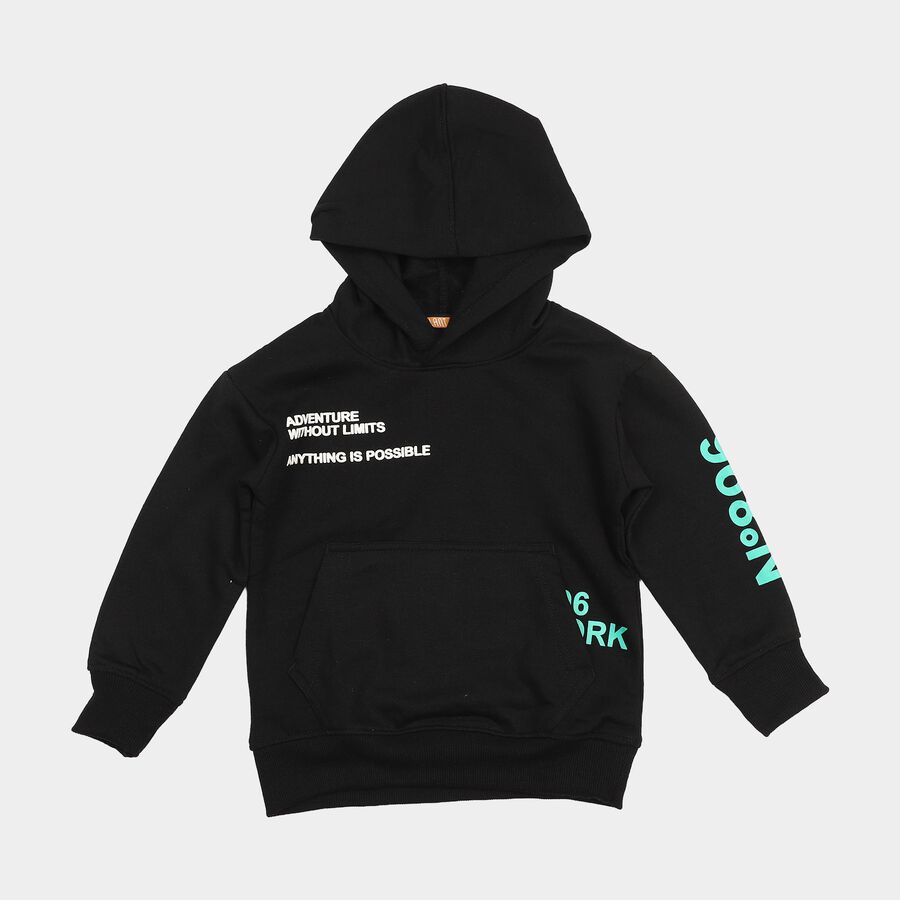 Boys' Black Hoodie Neck Graphic Sweatshirt, काला, large