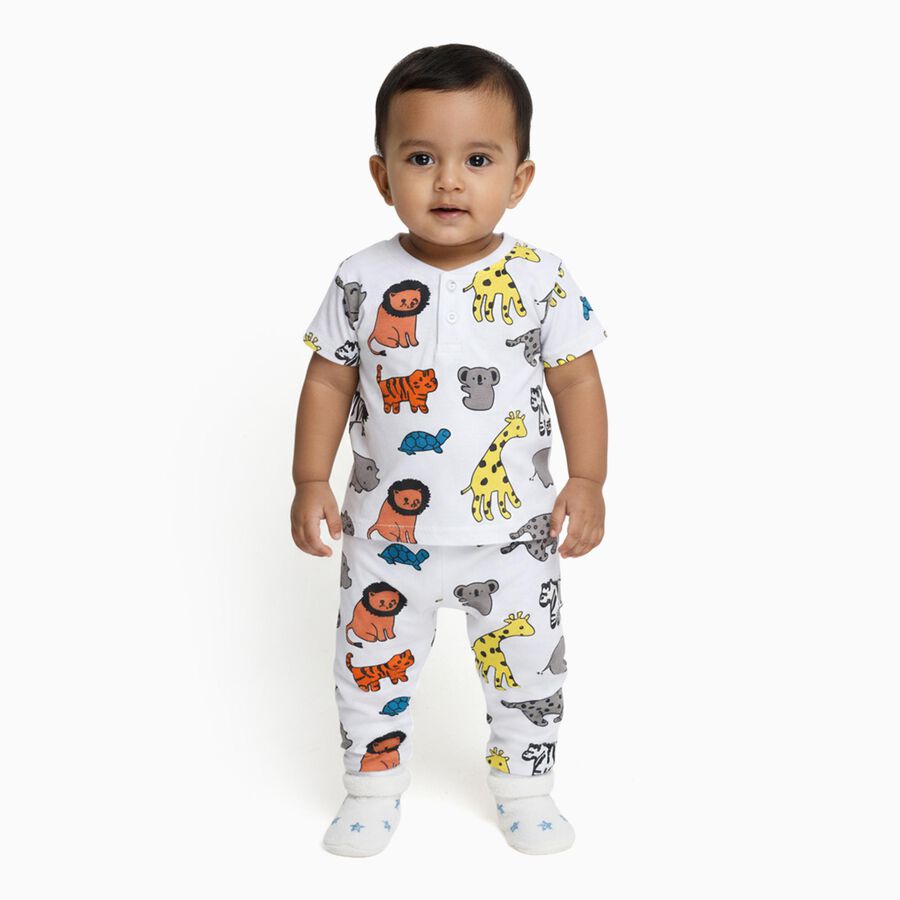 Infants White Cotton Round Neck Animal Print Night Suit, White, large image number null