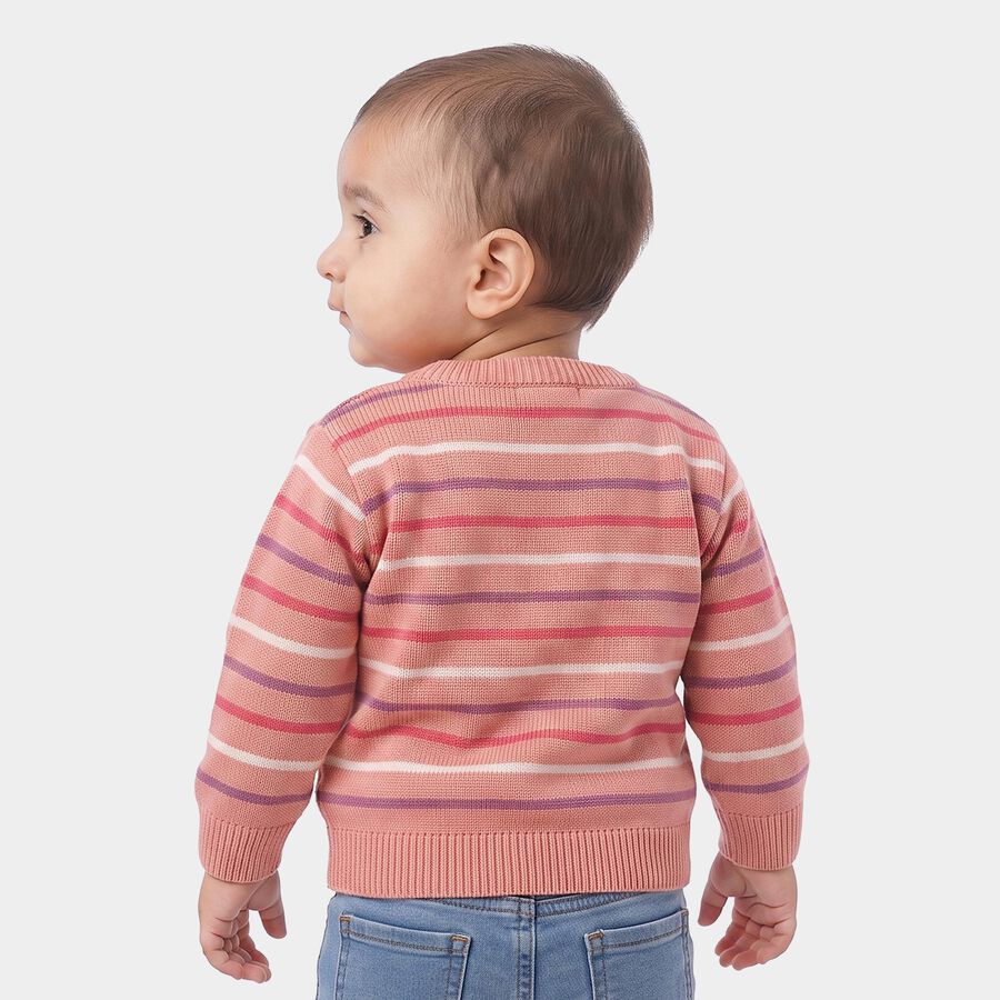 Infants Pink Crew Neck Striped Pullover, हल्का गुलाबी, large