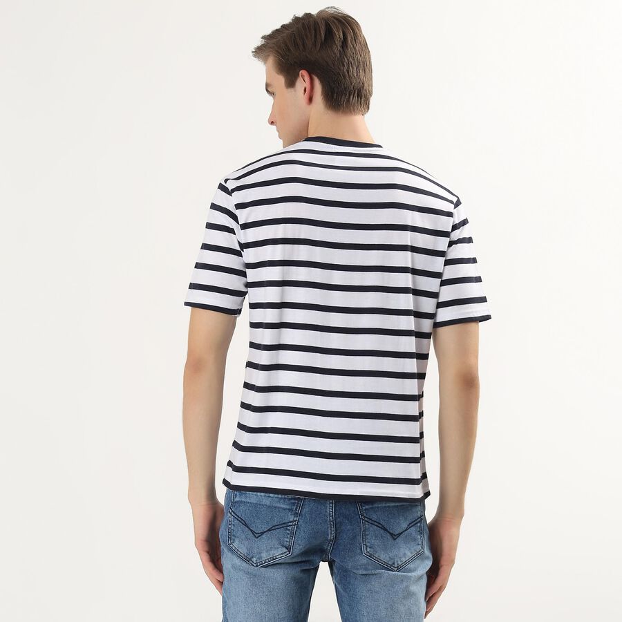 Men's White Round Neck Striped T-Shirt, White, large