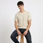 Men's Cream Round Neck Striped Regular T-Shirt, ऑफ व्हाइट, small