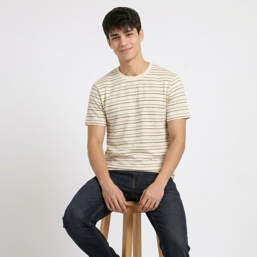 Men's Cream Round Neck Striped Regular T-Shirt, ऑफ व्हाइट, large