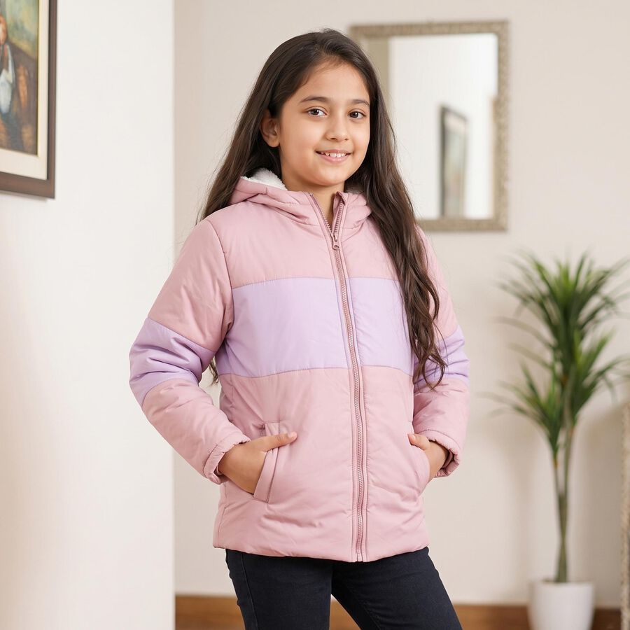 Girls' Pink Hooded Puffer Jacket, Light Pink, large