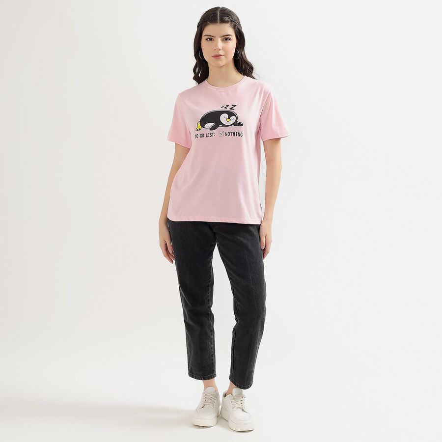 Women's Light Pink Round Neck Graphic Print T-Shirt, Pink, large image number null
