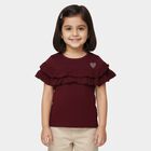 Girls Wine Cotton Round Neck Ruffle Sleeve T-Shirt, Wine, small