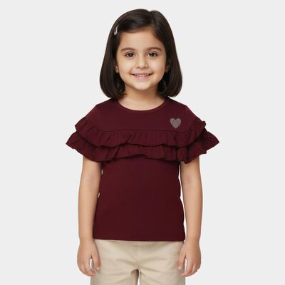 Girls Wine Cotton Round Neck Ruffle Sleeve T-Shirt