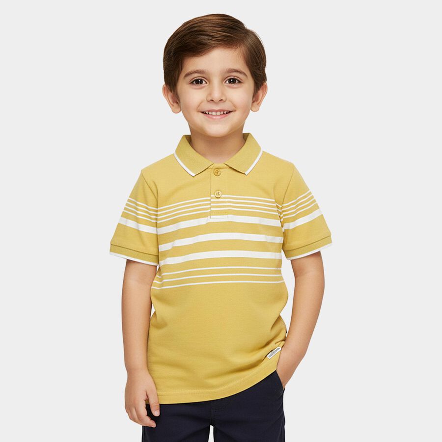 Boys' Mustard Cotton Polo Neck Striped T-Shirt, Mustard, large