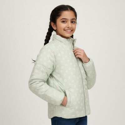 Girls Light Sage Green High Neck Casual Jacket