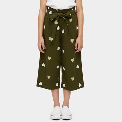 Girls Olive Regular Fit Floral Printed Capri