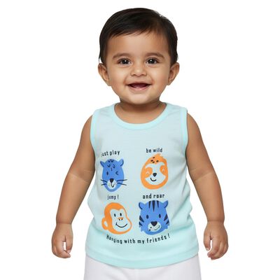 Infants Aqua Blue Cotton Round Neck Casual Vest
