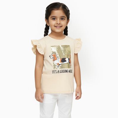 Girls Light Beige Cotton Round Neck Casual T-Shirt