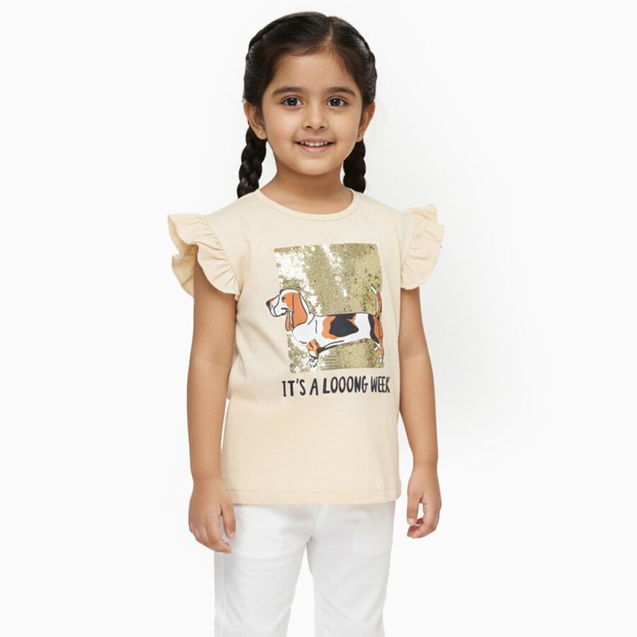 Girls Light Beige Cotton Round Neck Casual T-Shirt, गहरा पीला, large image number null