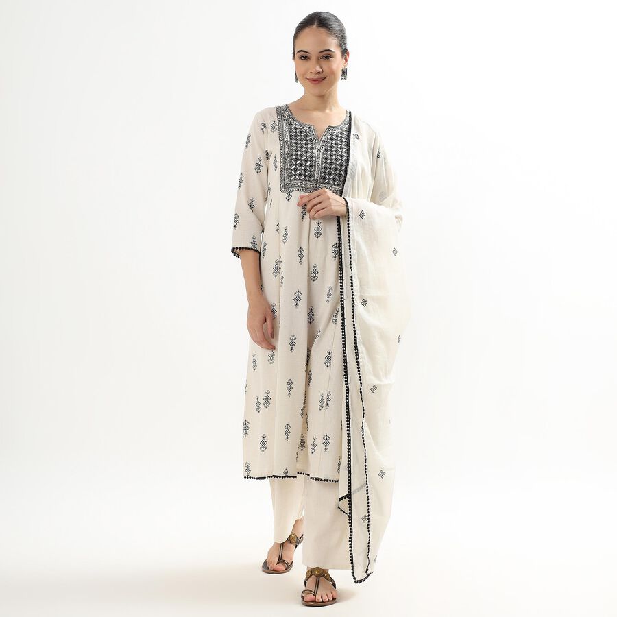 Women's Eggshell White Embroidered Notch Neck Flared Kurta, Off White, large image number null