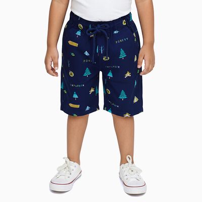 Boys Navy Blue Forest Print Cotton Jamaican Shorts