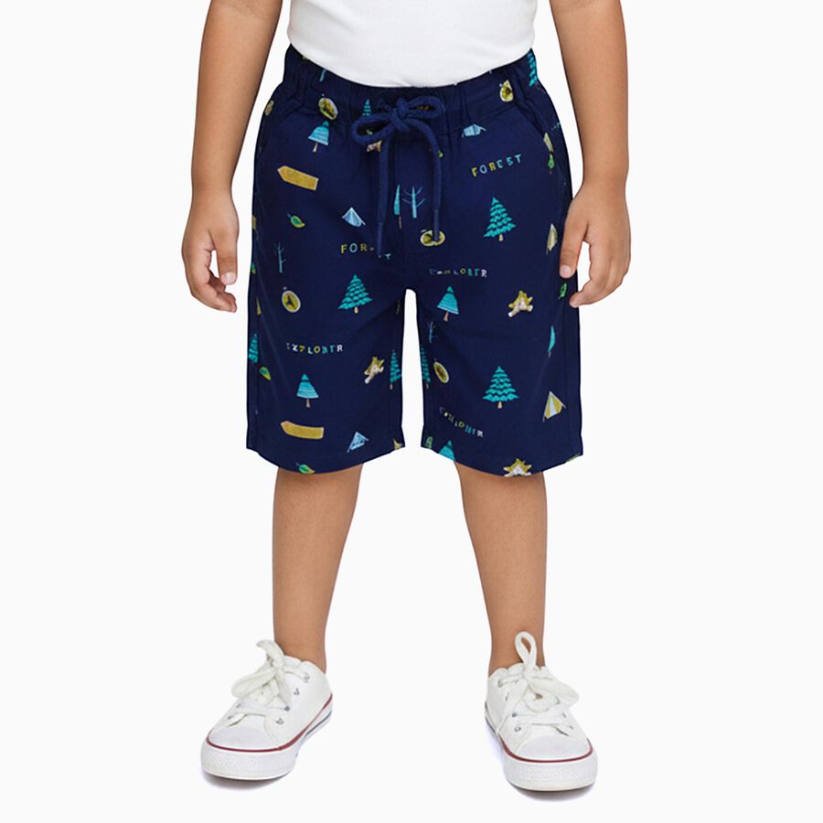 Boys Navy Blue Forest Print Cotton Jamaican Shorts, Navy Blue, large image number null