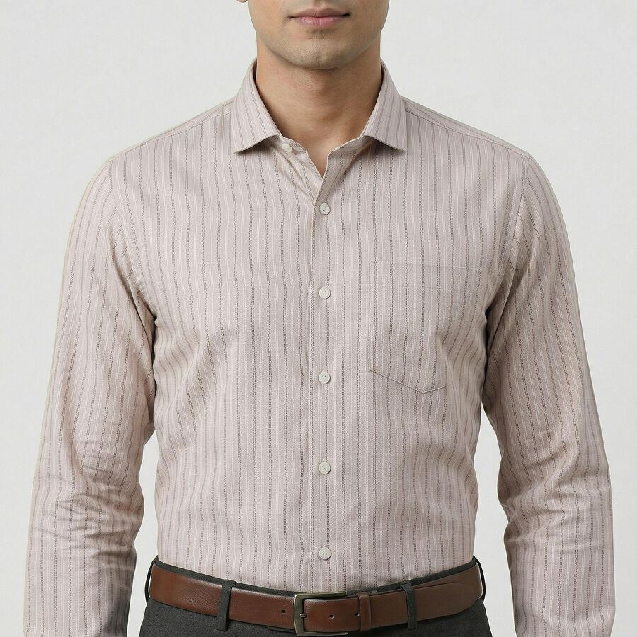 Men's Beige Spread Collar Classic Formal Shirt, Beige, large