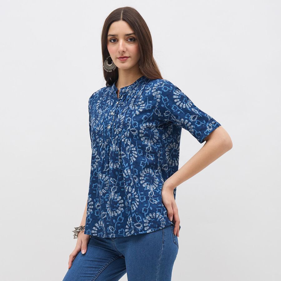 Women's Dark Denim Blue Mandarin Collar Floral Printed Kurti, गहरा नीला, large image number null