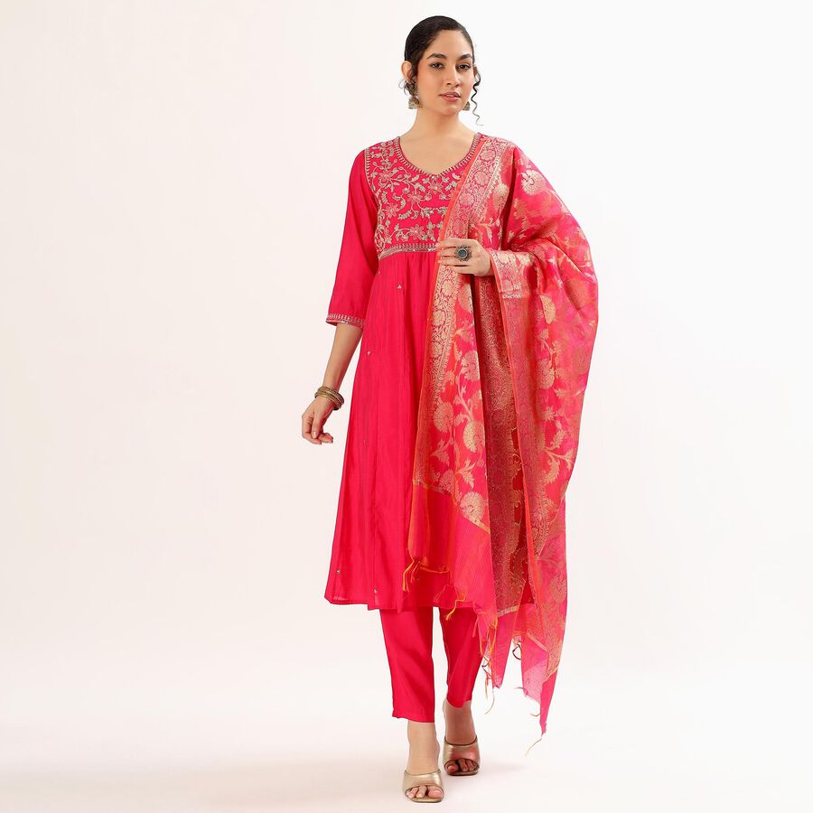 Women's Bright Raspberry Pink Embroidered Ethnic Set, Fuchsia, large image number null