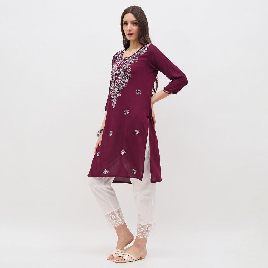 Women's Deep Maroon Round Neck Embroidered Kurta, वाइन, large image number null