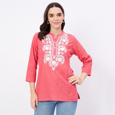 Women's Coral Cotton Notch Neck Floral Printed Kurti