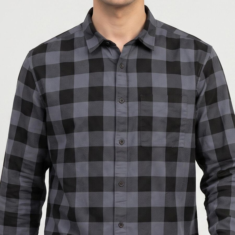 Men's Grey Cotton Long Sleeve Spread Collar Casual Shirt, गहरा ग्रे, large