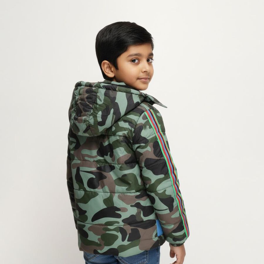 Boys' Green Hooded Casual Jacket, Dark Green, large image number null