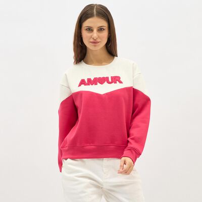 Women's Bright Pink and White Crew Neck Casual Sweatshirt