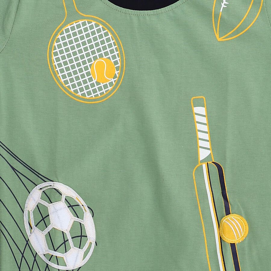 Boys' Light Green Cotton Round Neck Sports Printed Baba Suit, Light Green, large image number null