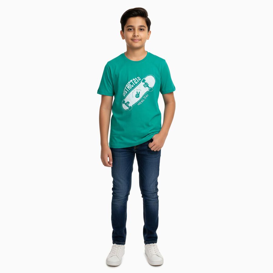 Boys' Bright Emerald Green Round Neck Graphic Printed T-Shirt, Light Green, large