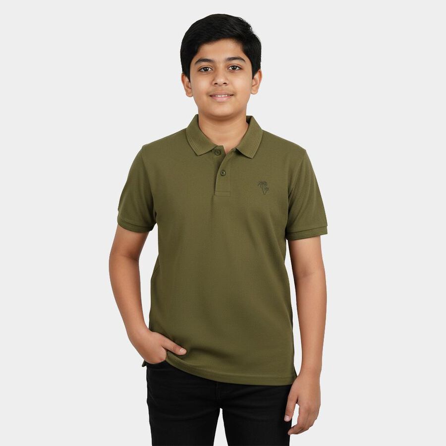 Boys Olive Green Round Neck Casual T-Shirt, ओलिव, large