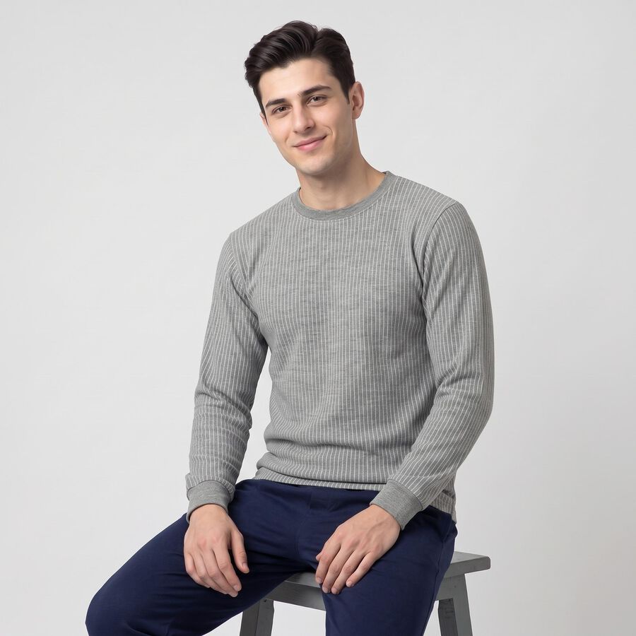 Men's Melange Mid Grey Long Sleeve Thermal, मिश्रित मध्यम ग्रे, large