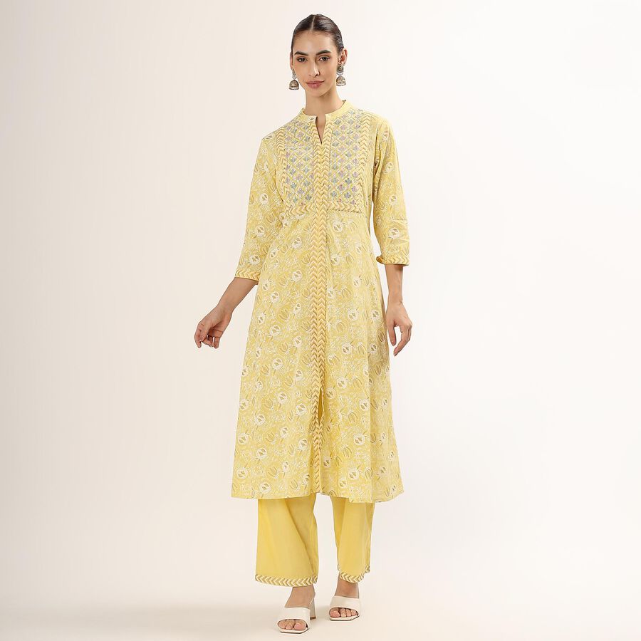 Women's Bright Mustard Yellow Mandarin Collar Embroidered Kurta, Yellow, large image number null
