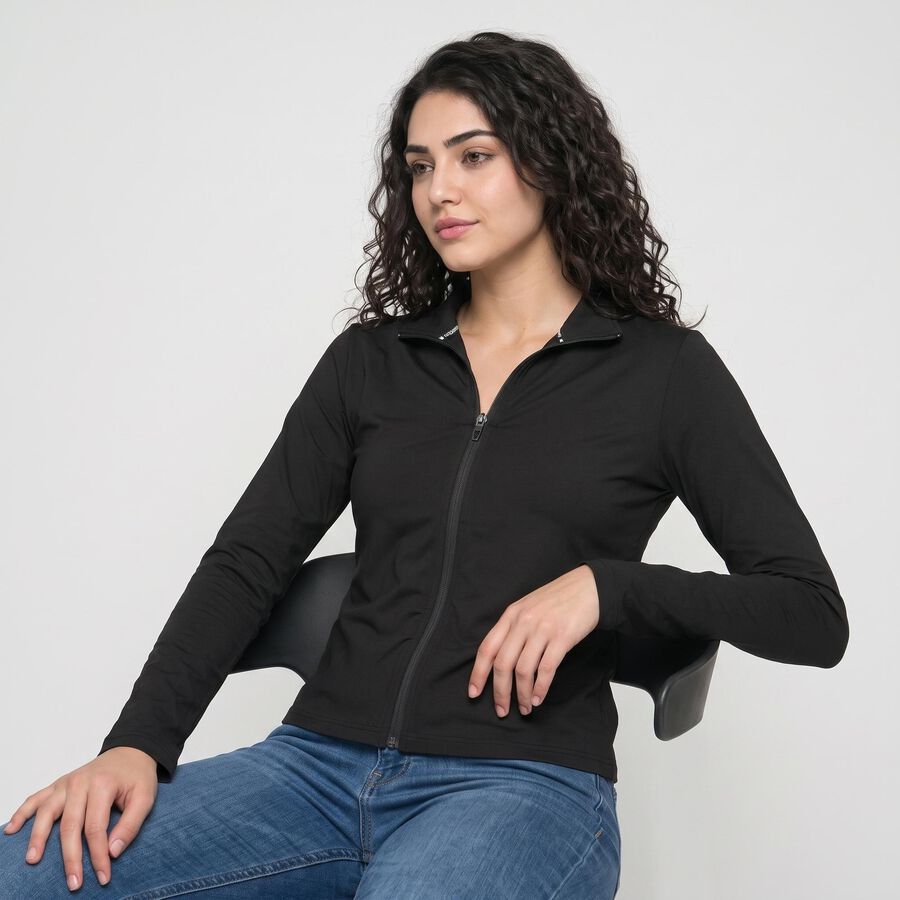Women's Black Stand Collar Windbreaker Jacket, Black, large