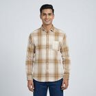 Men's Beige Cotton Button-Down Casual Shirt, Beige, small