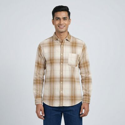 Men's Beige Cotton Button-Down Casual Shirt