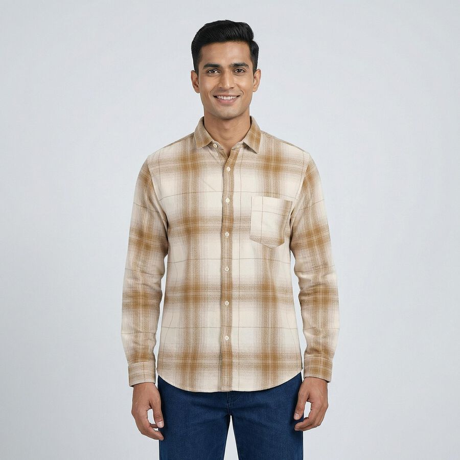 Men's Beige Cotton Button-Down Casual Shirt, Beige, large