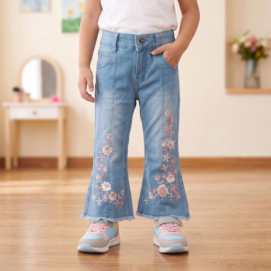 Girls Light Blue Flared Fit Embroidered Jeans, Light Blue, large