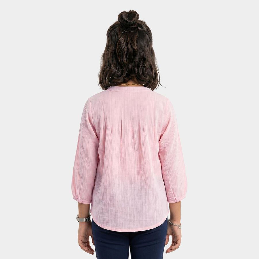 Girls' Pink Round Neck Regular Blouse, Light Pink, large