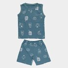 Infants' Teal Cotton Round Neck Graphic Printed Baba Suit, Teal Blue, small