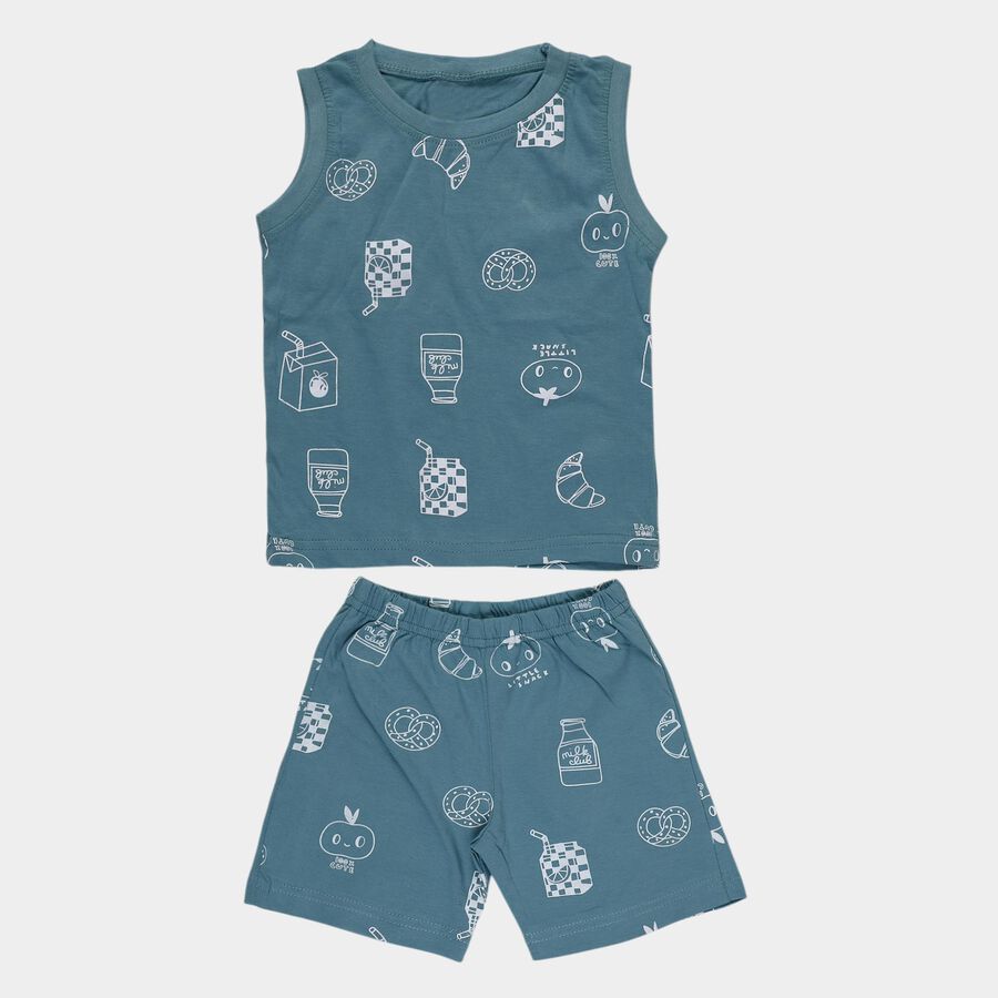 Infants' Teal Cotton Round Neck Graphic Printed Baba Suit, Teal Blue, large