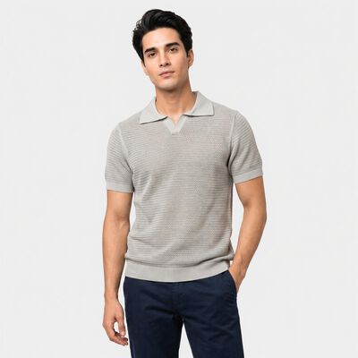 Men's Grey Cotton Polo Neck Solid T-Shirt