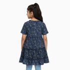 Girls Navy Blue Round Neck Bohemian Dress, Mid Blue, small image number null