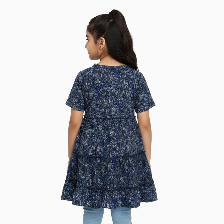 Girls Navy Blue Round Neck Bohemian Dress, Mid Blue, large image number null
