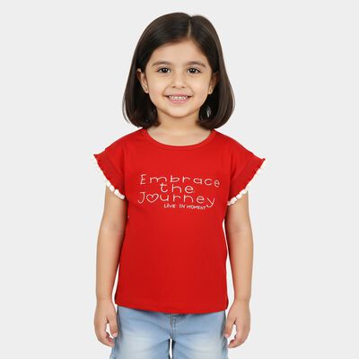 Girls Red Cotton Round Neck Casual T-Shirt